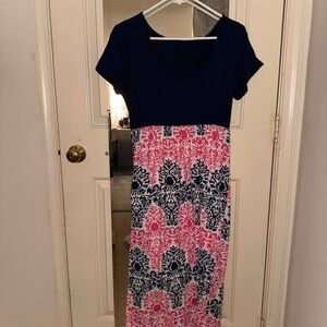 Blue and Pink Casual Maxi Dress with Short Sleeves and Scoop Neck